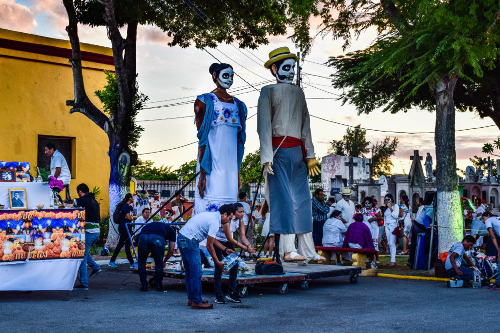 Preparation for Day of the Dead skull parade in Merida, Mexico